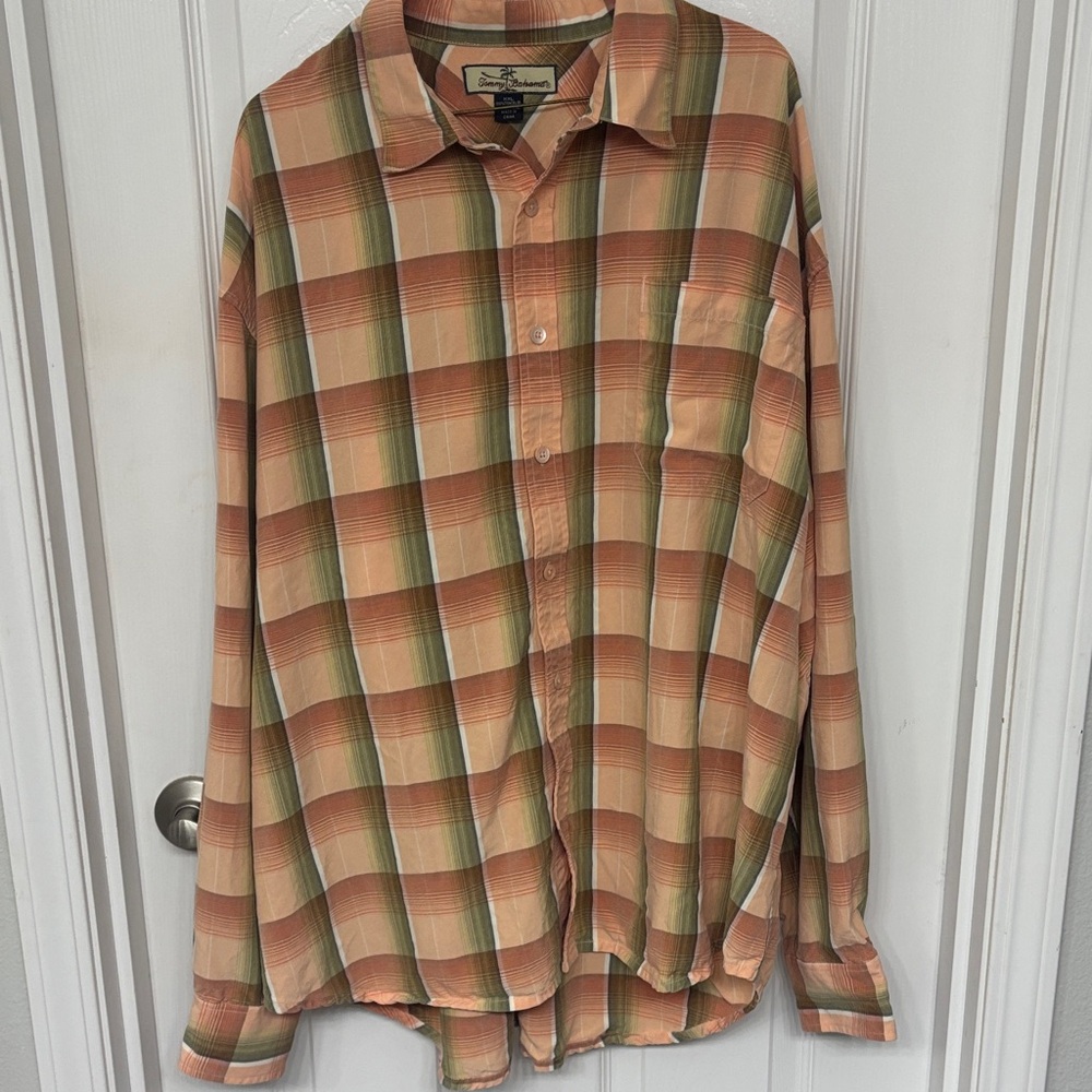 Tommy Bahama Peach and Olive Plaid Shirt XXL